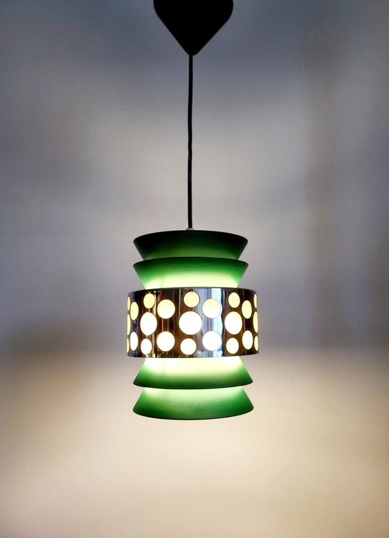 Image 1 of Space Age Pendant Lamp, Green Metal, Chromé, Massive, Belgium, 1960s-1970s