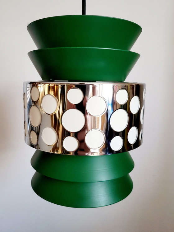 Image 1 of Space Age Pendant Lamp, Green Metal, Chromé, Massive, Belgium, 1960s-1970s