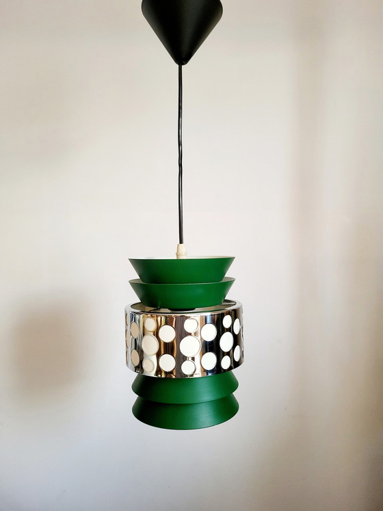 Image 1 of Space Age Pendant Lamp, Green Metal, Chromé, Massive, Belgium, 1960s-1970s