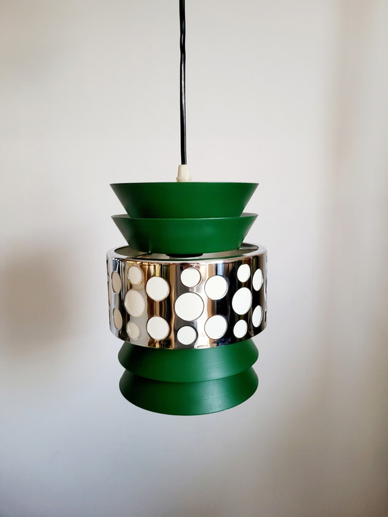 Image 1 of Space Age Pendant Lamp, Green Metal, Chromé, Massive, Belgium, 1960s-1970s