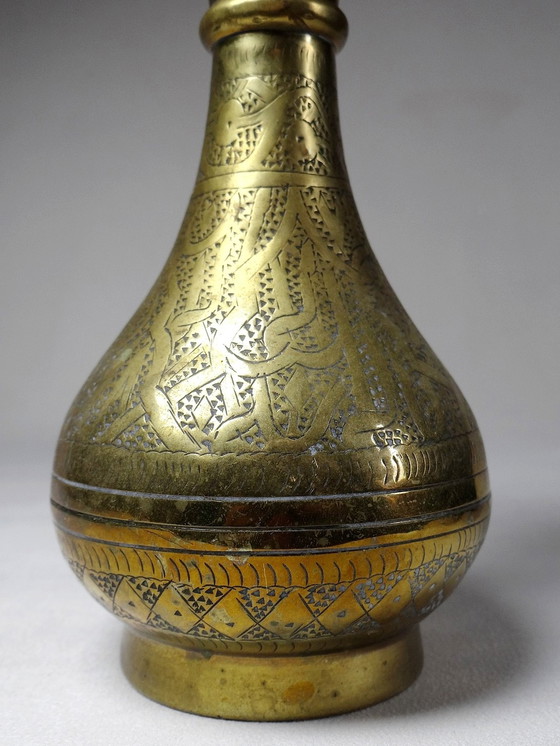 Image 1 of Small antique Islamic Mamluk vase engraved brass handicraft