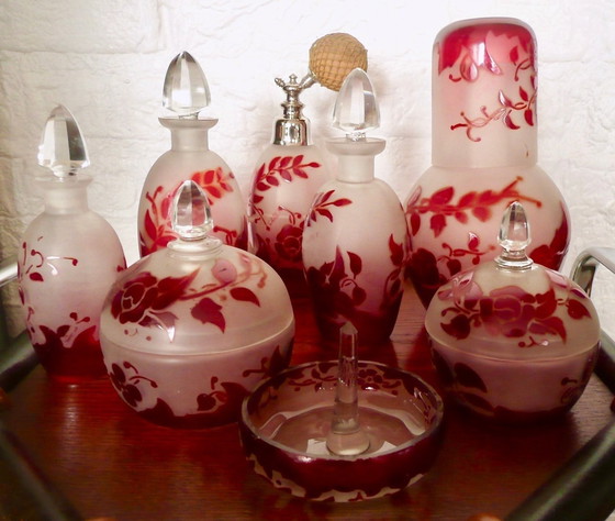 Image 1 of Art Deco Toilet Kit - Carly - Enameled Glass With Red Floral Decor - 14-Piece.