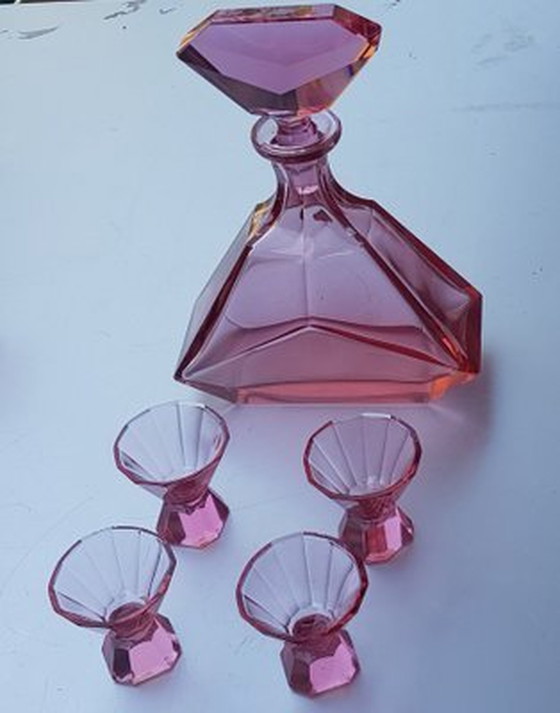 Image 1 of Art Deco Pink Crystal Glass Decanter With Glasses, Set Of 3