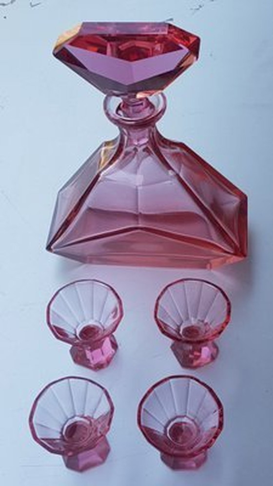 Image 1 of Art Deco Pink Crystal Glass Decanter With Glasses, Set Of 3