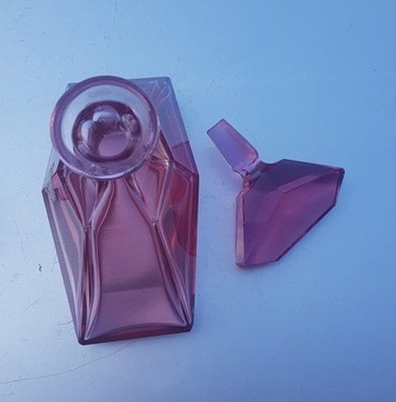 Image 1 of Art Deco Pink Crystal Glass Decanter With Glasses, Set Of 3