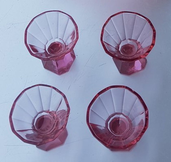 Image 1 of Art Deco Pink Crystal Glass Decanter With Glasses, Set Of 3