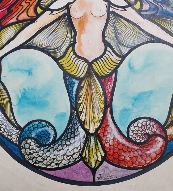 Image 1 of Disegno originale ad acquerello vintage per vetrata