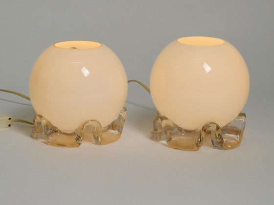 Image 1 of Paire de lampes de table des années 1960 en verre blanc et transparent du Limbourg