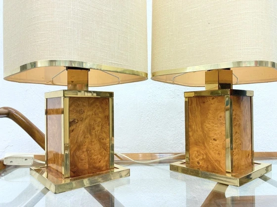 Image 1 of 2 Italian table lamps from Interni C&T made of brass and burl wood 80s