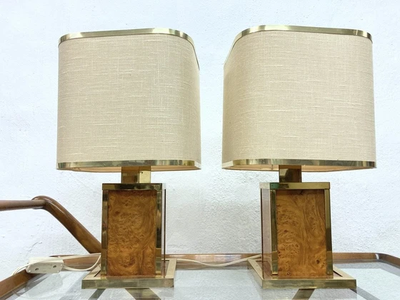 Image 1 of 2 Italian table lamps from Interni C&T made of brass and burl wood 80s