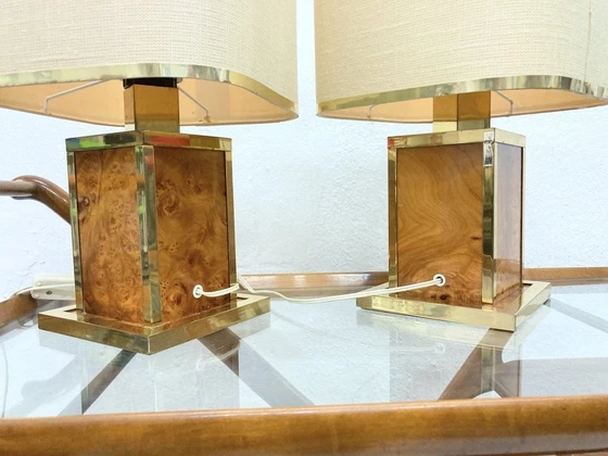 Image 1 of 2 Italian table lamps from Interni C&T made of brass and burl wood 80s