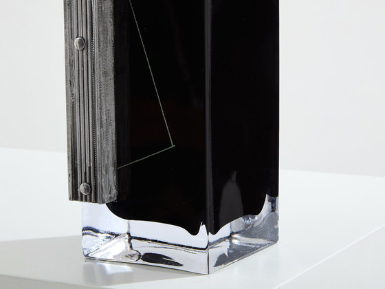 Image 1 of Anatole Riecke Art Deco Tall Black Opaline Glass Red Vase 1939 