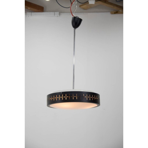 Vintage black and white chandelier in glass and metal, Czechoslovakia 1960