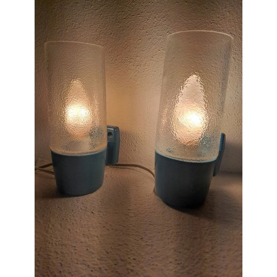 Image 1 of Coppia di lampade da parete vintage italiane in metallo smaltato blu e vetro, anni '50