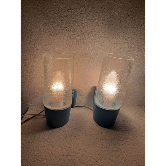 Image 1 of Coppia di lampade da parete vintage italiane in metallo smaltato blu e vetro, anni '50