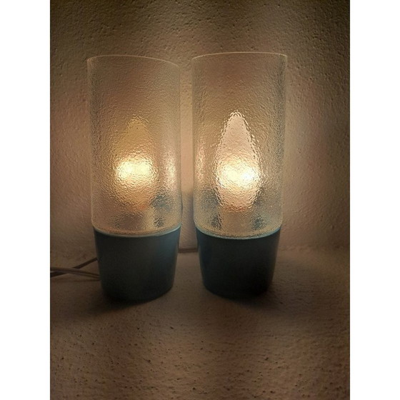 Image 1 of Coppia di lampade da parete vintage italiane in metallo smaltato blu e vetro, anni '50