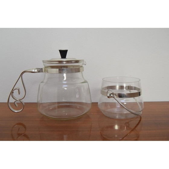 Image 1 of Set di bicchieri da cucina vintage in vetro e metallo, Cecoslovacchia 1960