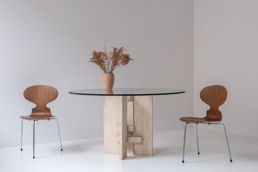 Travertine table with sculptural base designed and manufactured in the 1970s. 