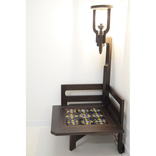 Vintage black stained oak coffee table lamp by Guillerme and Chambron, 1960