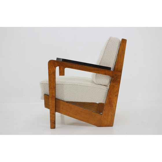 Image 1 of Vintage cubist armchair in wool boucle and wood, Czechoslovakia 1930s