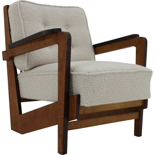 Vintage cubist armchair in wool boucle and wood, Czechoslovakia 1930s