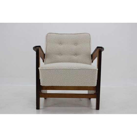 Image 1 of Vintage cubist armchair in wool boucle and wood, Czechoslovakia 1930s