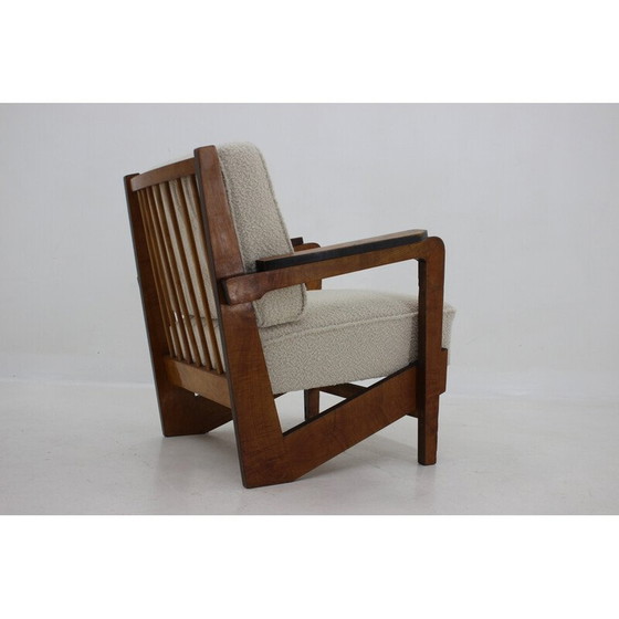 Image 1 of Vintage cubist armchair in wool boucle and wood, Czechoslovakia 1930s