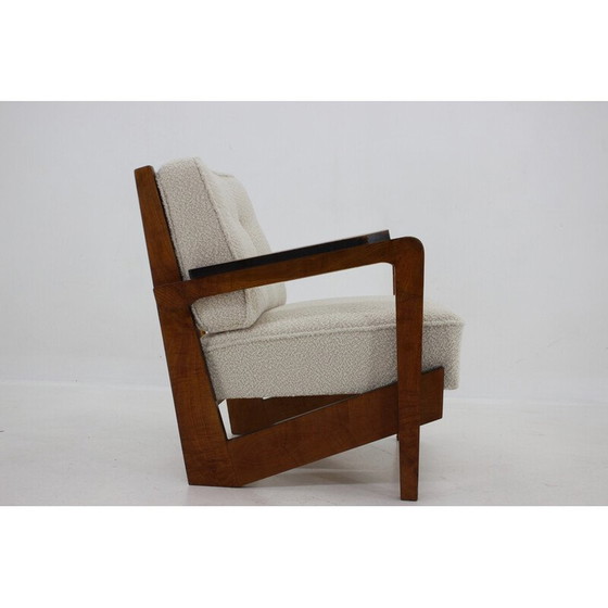 Image 1 of Vintage cubist armchair in wool boucle and wood, Czechoslovakia 1930s