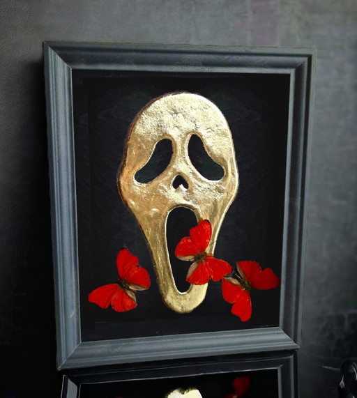 Scream Mask Gilded 23Ct Gold With Real Butterflies Framed