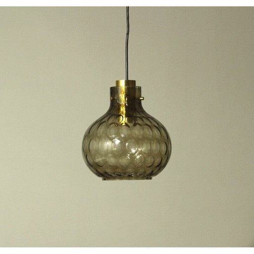 Vintage bubbled glass and brass pendant lamp by Helena Tynell for Limburg, 1960