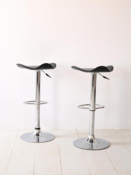 Pair Of Modern Bar Stools In Black Faux Leather And Chrome