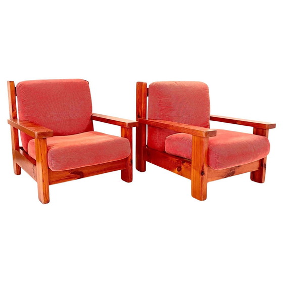 Image 1 of 1X Large Wood And Red Velvet Armchairs, Italy 1970S