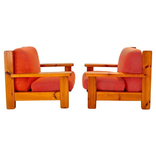 1X Large Wood And Red Velvet Armchairs, Italy 1970S