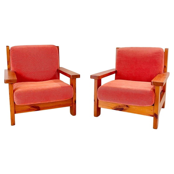 Image 1 of 1X Large Wood And Red Velvet Armchairs, Italy 1970S