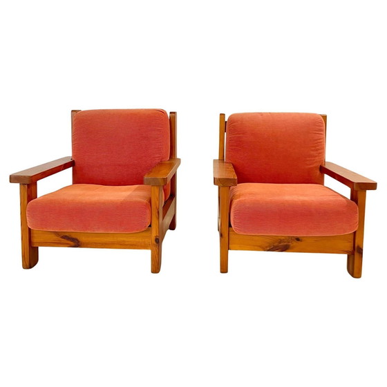 Image 1 of 1X Large Wood And Red Velvet Armchairs, Italy 1970S