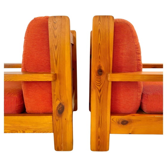 Image 1 of 1X Large Wood And Red Velvet Armchairs, Italy 1970S