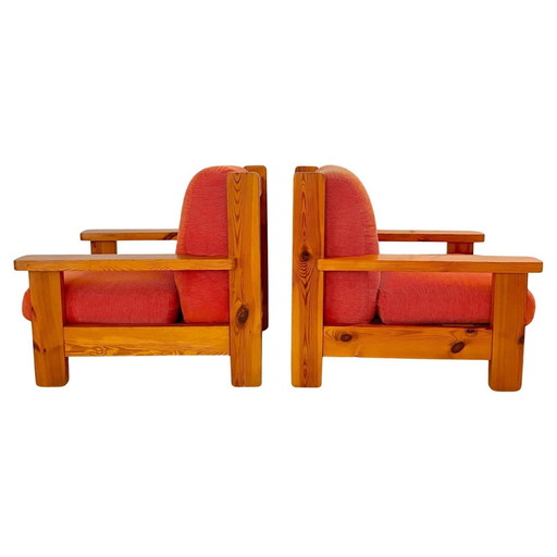 1X Large Wood And Red Velvet Armchairs, Italy 1970S