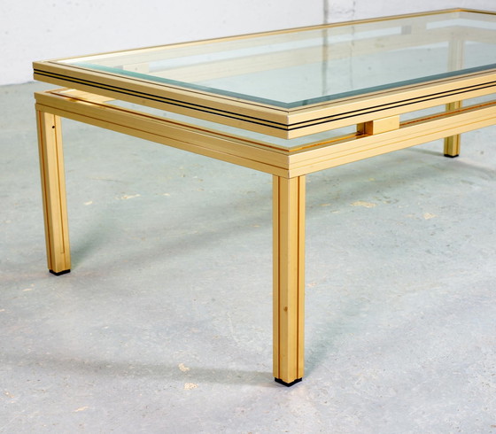 Image 1 of Pierre Vandel Brass Brushed Aluminium Coffee Table Mid-Century Design with Glass Top, France, 1970s