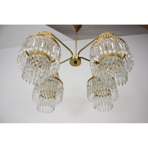 Image 1 of Lampadario vintage in ottone e cristallo di Zeleznobrodské Sklo, Cecoslovacchia 1950