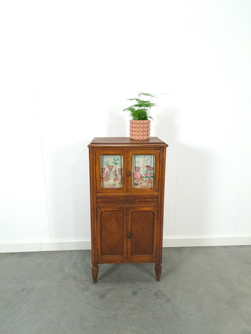 Antique old wooden French children's cupboard with glass doors