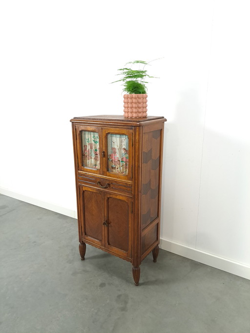 Antique old wooden French children's cupboard with glass doors