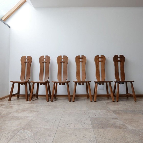 Image 1 of Set di 12 sedie da pranzo brutaliste in legno di quercia di metà secolo di De Puydt, Belgio, anni '70