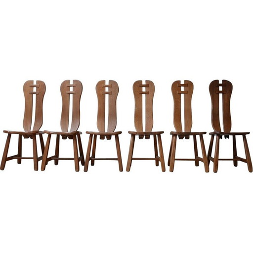 Set of 12 Brutalist mid-century oakwood dining chairs by De Puydt, Belgium 1970s