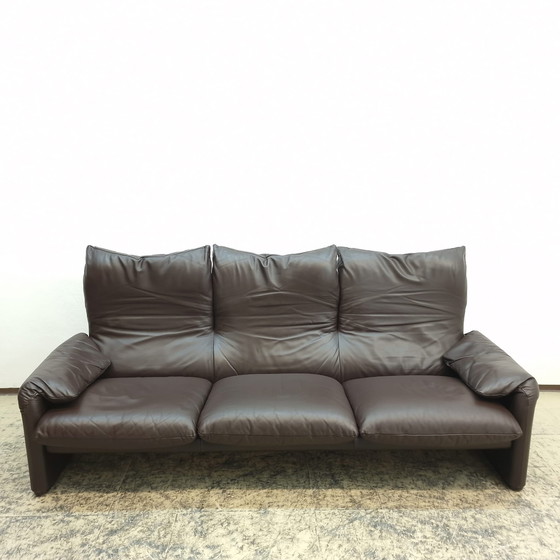 Image 1 of Cassina Maralunga designer sofa leather sofa three seater brown Magistretti couch