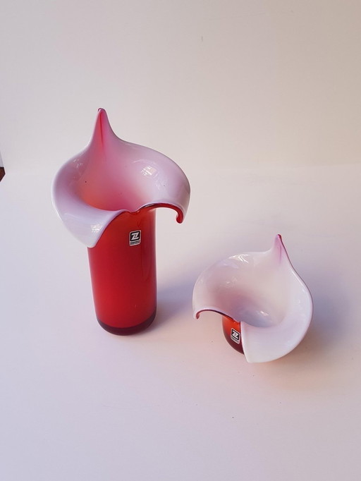 3X Bohemiam Red And White Vases & Ashtray By J.S. Drost For Zabkowice