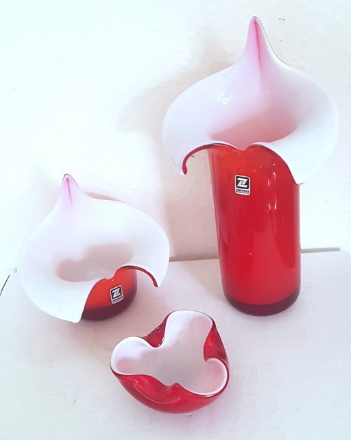 3X Bohemiam Red And White Vases & Ashtray By J.S. Drost For Zabkowice