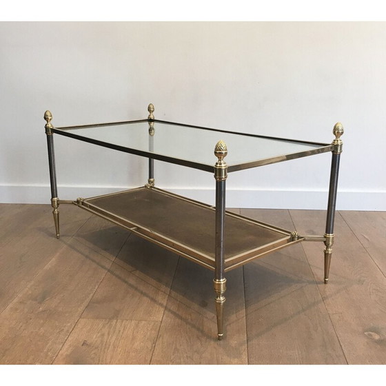 Image 1 of Tavolino da caffè vintage in ottone e acciaio spazzolato con ripiani in pelle e vetro neoclassico trasparente, 1940