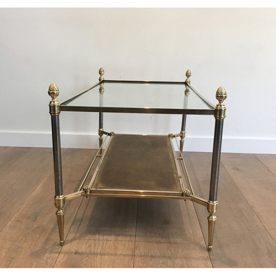 Image 1 of Tavolino da caffè vintage in ottone e acciaio spazzolato con ripiani in pelle e vetro neoclassico trasparente, 1940