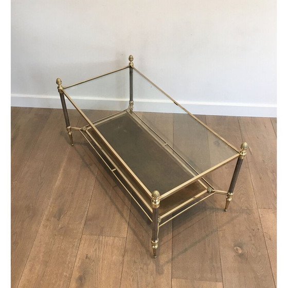 Image 1 of Tavolino da caffè vintage in ottone e acciaio spazzolato con ripiani in pelle e vetro neoclassico trasparente, 1940