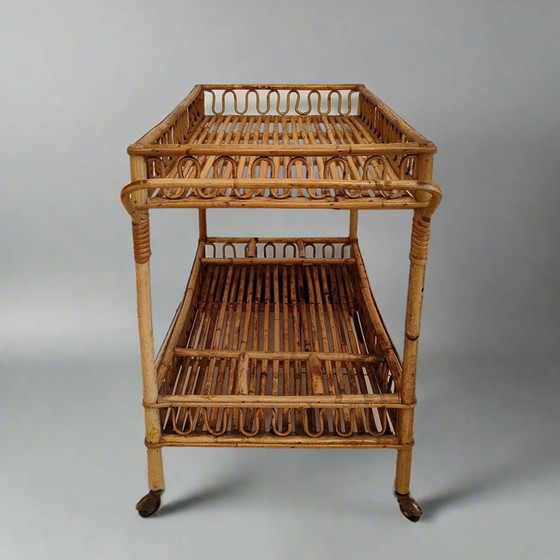 Image 1 of 1960S Gorgeous Bamboo & Rattan Serving Bar Cart Trolley